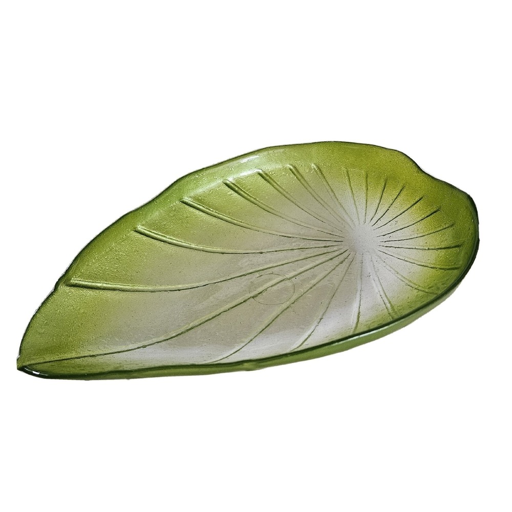 Green Frosted Leaf Textured Glass Decorative Trinket Bowl Medium‎ MCM Tropical